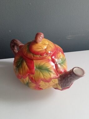 Autumn Leaf Ceramic Teapot with Branch Handle and Acorn Finial Fall Decor